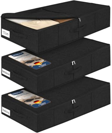 mepure 17cm Hohe Unterbett Aufbewahrungsbox , 76×40×17cm-50L，3pcs, Schwarz | Faltbare Unterbettkommode mit Deckel & Doppelreißverschluss, waschbarer Stoff, für Kleidung, Decken, Bettlaken & Kissen