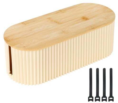 Nymblis Cable Management Box, Cable Tidy Box with Cable Ties, Beige | with Bamboo Lid, Large Cord Storage Organiser, for Hiding Power Strips, Extension Leads, for Office, Home, Desktop