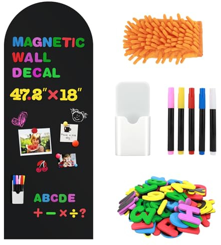 Magnetic Chalkboard for Wall – 120 x 46 cm Arch Peel & Stick Blackboard Decal with 5 Chalk Markers, Magnetic Pen Holder & 84 Magnetic Letters for Home, Office & Organisation (Black)