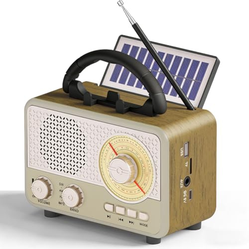 Retro Radio mit Bluetooth, Outdoor Solar Radio Unterstützt AM/BT/TF/FM/USB/SW3/AUX/Solarenergie Funktion, Küchenradio mit Stromkabel (B)