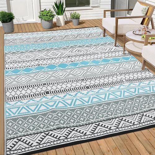 CAROMIO Tapis d'extérieur imperméable réversible en paille en plastique pour patio, camping, intérieur et extérieur, tapis de camping-car pour jardin, terrasse, pique-nique, plage, remorque, bleu/gris