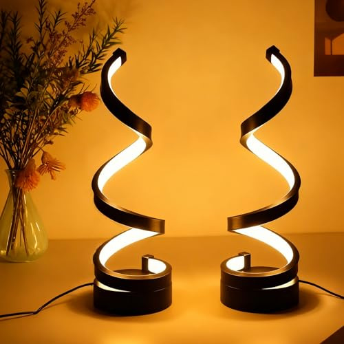 Spirale LED-Tischlampe für Schlafzimmer,Drei Farben Dimmbar Nachttischlampe | Augenschutz Schreibtischlampe,Nachtlicht für Büro,Schlafzimmer, Wohnzimmer (2er set Schwarz)