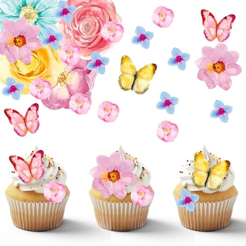 Essbare Blumen Schmetterlinge für Torten – 52 Stück Torten Deko Set | Perfekt für Geburtstagsfeiern, Hochzeiten und Mädchentorten – Bunte Essbare Blumen Dekoration für Ihre Kuchen und Cupcakes