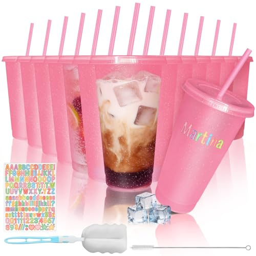 HJLIKE 12 Pack 710ml Reusable Plastic Cups with Lid Straws Letter Stickers and Cleaning Brushes, Glitter Water Cold Coffee Tumber for Birthday Hen Do Party Travel Beverages Drinking (Glitter Pink)