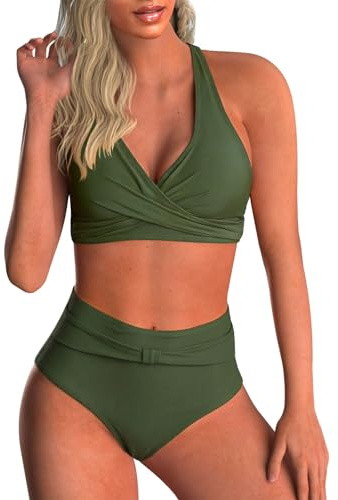 Adigaber Costume da Bagno Due Pezzi Donna Vita Alta Stampato Bikini Sets | Top incrociato,Imbottiture rimovibili,Controllo addominale,Spalline regolabili,Traspirante,Asciugatura rapida,Spiaggia,Sexy