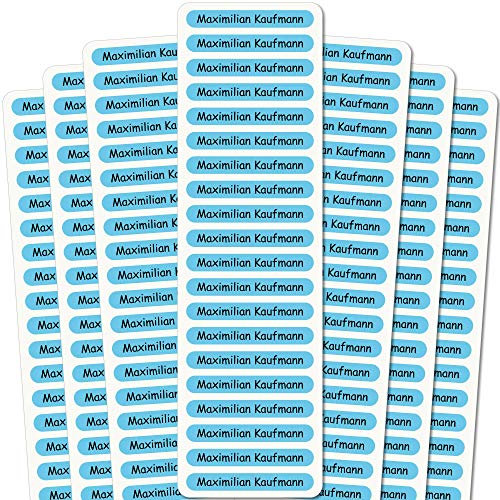 INDIGOS UG Namensaufkleber Kinder - 51x7 mm - 140 Stück Sticker für Kinder, Schule und Kindergarten - Stifte, Federmappe, Lineale - hellblauer Hintergrund - individueller Aufdruck