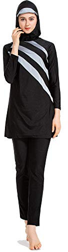 Grsafety Damen Muslimischen Badeanzug - Full Cover Bademode Bescheidene Badebekleidung Swimwear Burkini Frauen, Schwarz-Grau, 2XL