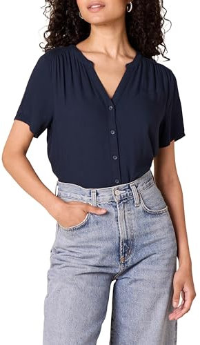Amazon Essentials Women's Relaxed-Fit Short-Sleeved Woven Blouse, Navy, L