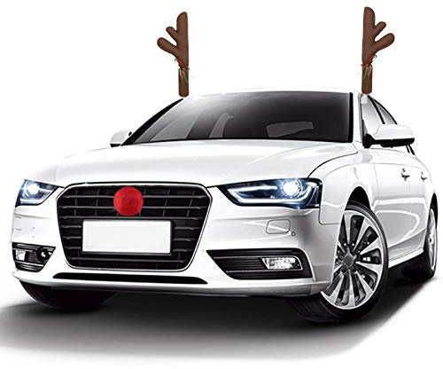 Rentiergeweih Weihnachtsdeko für Auto, Rentier Auto Rudolf Auto Rentier Deko kostüm KFZ Zubehör Plüsch Rudolf der Rentier Geweihe und Rote Nase für Truck Van SUV
