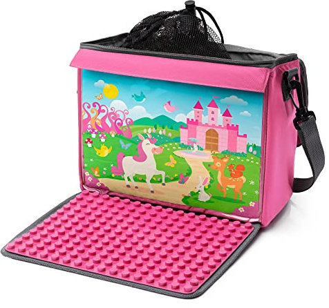fantifant Baustein-Tasche mit ausklappbarer Bauplatte passend für große Bausteine vieler Marken I Größe L I prinzessinnenpink