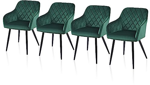 TUKAILAi Juego de 4 Sillas de Comedor Terciopelo, Sillas de Cocina Moderno Escandinavo con Patas Metálicas, Sillón Tapizado en Tela con Reposabrazos, Sillón Ergonómicos para Salón Cocina (Verde)