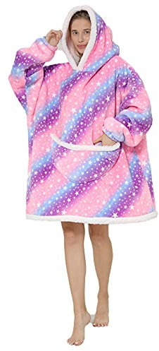 Coperta oversize con cappuccio – Coperta in pile Sherpa indossabile unisex, taglia da adulto, modello felpa gigante soffice e confortevole con cappuccio, Glaxy Rosa,