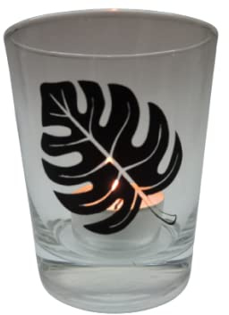 Lichtidee Teelicht Glas Windlicht Tischlicht Print mit Monstera Blatt schwarz Handmade Unikat Ostern Muttertaggeschenk, Höhe 8cm,