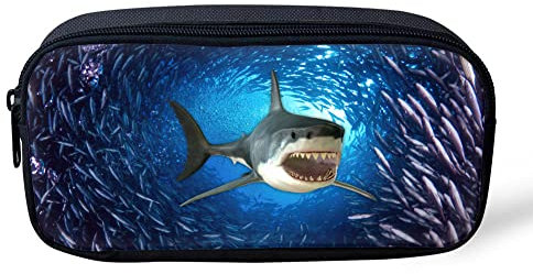 Binienty Federmäppchen, Motiv: blauer Hai, Fischdruck, leicht und geräumig, für Kinder, Jungen