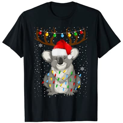 Koala Weihnachtsmann-Mütze, Rentiergeweih, Weihnachtsbeleuchtung T-Shirt