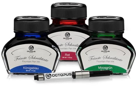 Octopus Schreibtinte Blau Rot Grün, Füllhaltertinte im Tintenglas mit Konverter, Geschenkset Schreibtinte für Füller und Feder, Tinte zum Schreiben und Malen, 3 x 30 ml
