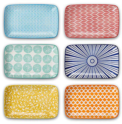Selamica 21 cm Servierplatte, Rechteckige Speiseteller, Teller Set 6 Personen, Dessertteller, Kuchenteller, Salatteller für Vorspeise, Snacks, Sushi, Obst, Bunte
