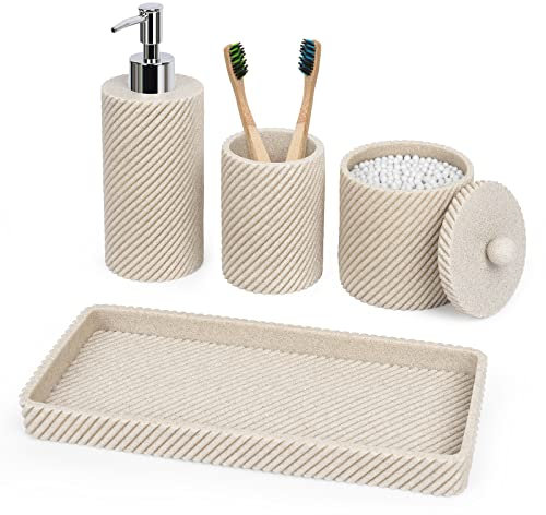 Set di accessori da bagno, 4 pezzi, dispenser per sapone e lozione, portaspazzolino, dispenser porta Qtip, vassoio per la decorazione del piano di lavoro del bagno, organizer per cosmetici, beige