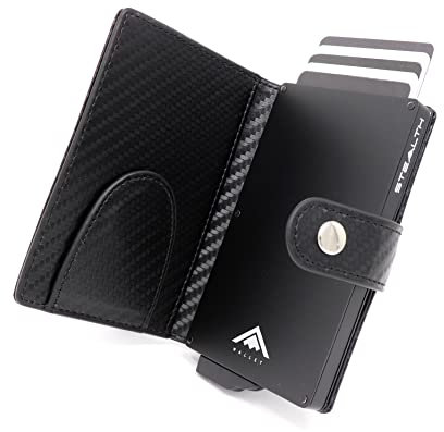 Stealth Wallet RFID Portacarte - Minimalista Porta Carte Di Credito Uomo con Scatola Regalo - Metallo Leggero Portafoglio Portacarte Uomo (Alluminio Argento, Pelle Nera Carbonio, Clip per Soldi)