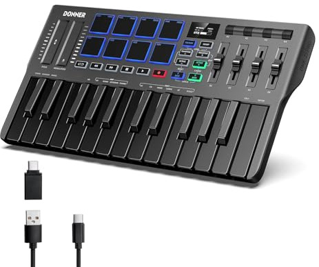Donner DMK25 Pro MIDI Keyboard Controller, 25 Mini Key Portable USB-C MIDI Keyboard with 8 Drum Pads, OLED Display, Personalized Touch Bar, Music Production Software and 40 Free Courses