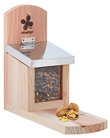 Relaxdays Eichhörnchen Futterhaus, FSC-zertifiziertes Holz, Metalldach, Belüftungslöcher, zum Aufhängen, Natur/Silber