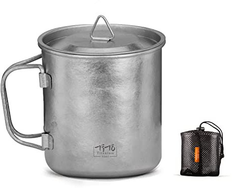 TiTo Titanium Cup Camping Tea Coffee Water Mug Ultralight Portable Cookware 450ml Foldable Handle Titanium Pot with Lid for Outdoor Backpacking Hiking Picnic Drinkware Open Fire (Bright Titanium)