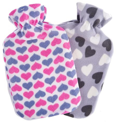 2 x Hot Water Bottles with Soft Fleece Cover - Natural Rubber 2 Litre Capacity - (Hearts Designs)