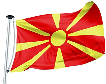 FLAGLY Premium Mazedonien Flagge 100 x 150 cm - Schiffsflaggentuch, 160g/m² Stoffgewicht - handgefertigt, robust und witterungsbeständig mit Ösen (100 x 150 cm, Mazedonien)
