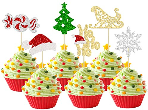 24Pcs Merry Christmas Cupcake Toppers Glitter Christmas Tree Ho Ho Snowflake Cupcake Picks Baby Shower Christmas Theme Birthday Party Cake Decorations Supplies