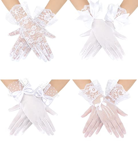 Geyoga 4 Pairs Lace Gloves Women Tea Party Vintage Elegant Short Glove for Dressy Women Wedding Hoiday Party(White)