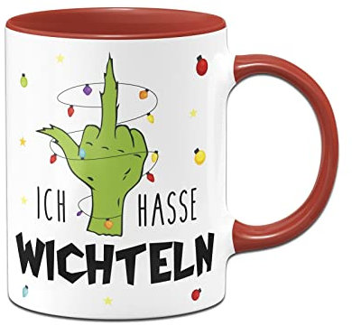 Tassenbrennerei Grinch Tasse - Ich hasse Wichteln - Hand mit Lichterkette - Weihnachtstasse als Geschenk, Wichtelgeschenk zum wichteln - Schrottwichteln (Rot)