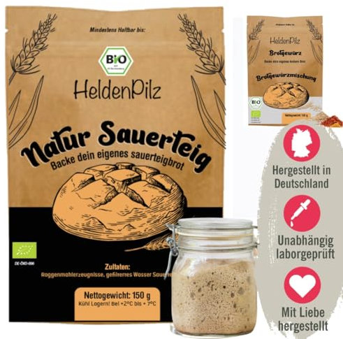 HeldenPilz® | FRISCHER BIO SAUERTEIG | Set zum Brotbacken + Geschenk | knuspriges Brot selber machen inkl. Anleitung und Rezepten | 100% natürliche Zutaten (Roggen Sauerteig)