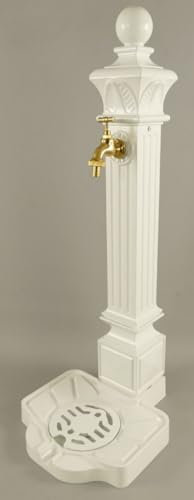 Casa Padrino Jugendstil Wassersäule Weiß/Gold 33 x 29 x H. 83 cm - Nostalgische Aluminium Wasserzapfsäule mit Messing Wasserhahn - Barock & Jugendstil Garten Accessoires