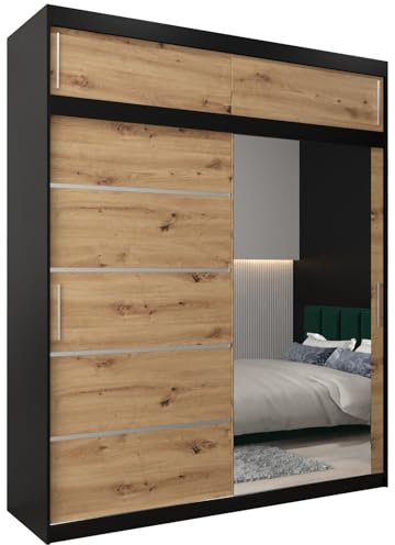 MEBLE KRYSPOL Kleiderschrank mit Spiegel Verona 2 - Garderobenschrank - Schrank Schlafzimmer - Mehrzweckschrank Zwei Schiebetüren - Regalen - Flur Möbel - Kleiderstange Schrank - Allzweckschrank