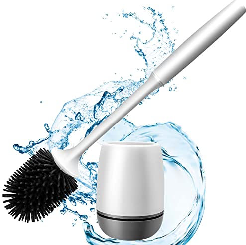 Miiepls Ensemble de brosse WC en silicone avec support à séchage rapide, brosse WC debout en silicone avec support, nettoyage en profondeur, blanc, silicone, poils TPR