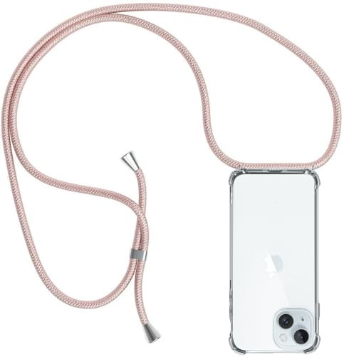 ZYIMOU für iPhone 15 Hülle mit Band, Handyhülle iPhone 15 Handyband Hülle mit Kette Schutzhülle Kordel zum Umhängen Transparent Weich TPU Silikon Bumper, Rosé Gold