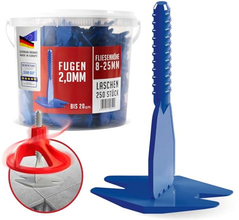 Nivilli SPINNY - Lot de 250 languettes de traction/pattes filetées - Largeur de joint 2 mm - Épaisseur du matériau 8-25 mm - Système de nivellement professionnel Aide à la pose pour carrelage et