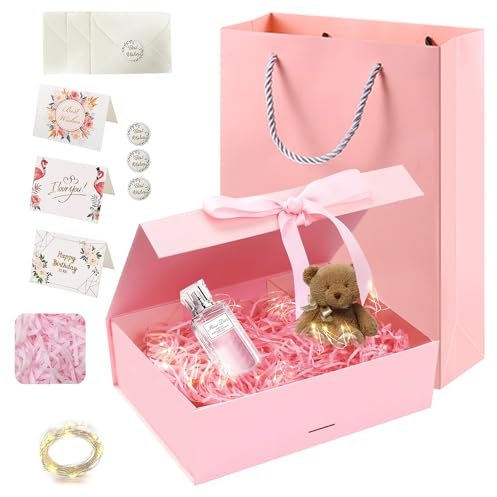 Geschenkbox mit Deckel, Faltbare Geschenkkarton mit Magnetisch, Mit 3 Modi LED-Lichterkette, 3 Briefumschläge und Grußkarten, Schleife, Geschenktüte, Raffia Füllmaterial (22 * 16 * 8cm, Rosa)