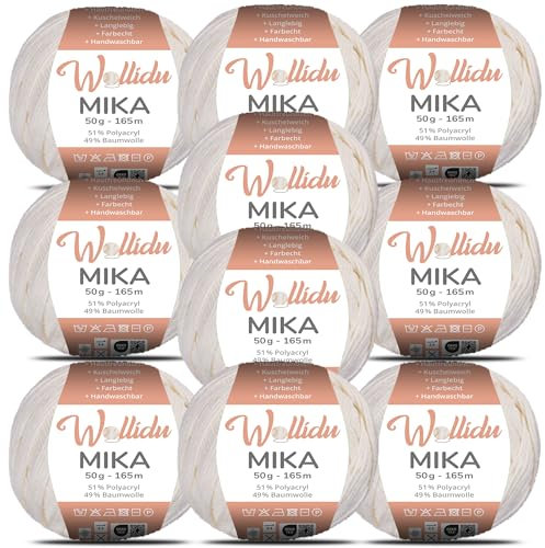 Wollidu Mika 51% Polyacryl 49% Baumwolle zum Häkeln und Stricken 10x 50g/165m Oeko-Tex Strickgarn Häkelgarn - Beige
