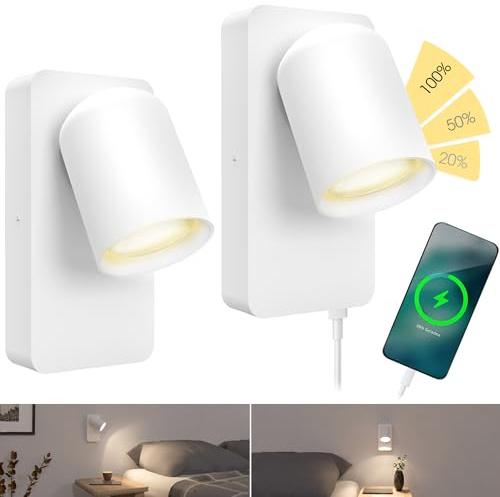 SSC-LUXon NERU Nachttischlampe 2 Stück weiß USB GU10 LED dimmbar warm | Zwei Wandlampen fürs Bett - USB-Ladeport & Schalter, Kopf 360° drehbar, in 3 Stufen dimmbar ohne Dimmer, inkl. GU10 LED