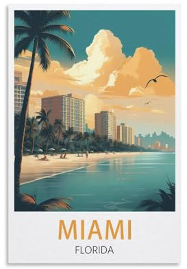 Miami Florida Vintage-Reiseposter, 20 x 30 cm, Leinwanddruck für Wohnzimmer, Schlafzimmer, Wohnheim, Zuhause, Büro, Wanddekoration