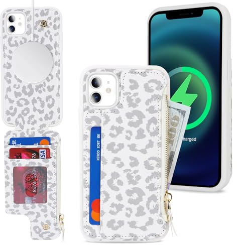 SailorTech iPhone 11 Etui mit Kartenhalter, Brieftaschenhülle aus PU-Leder in Weiß mit Leopard-Muster - Kompatibel mit MagSafe-Zubehör und Kartenfach für Geldbörse