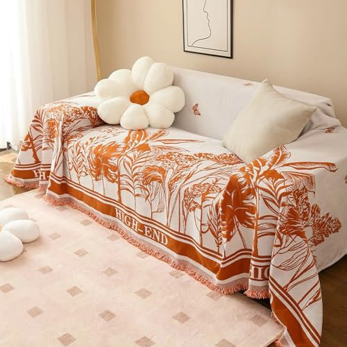 Ayoiow Sofabezüge Sofahusse Orange Sofabezug 3 Sitzer Chenille Tropische Blattpflanzen