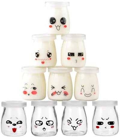 LATRAT Lot de 10 bocaux à yaourt en verre avec couvercle - Petits pots à yaourt avec couvercle - Pour confiture de pudding, yaourt - 100 ml