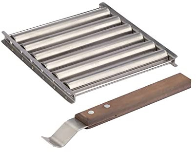 Kaohxzklcn Walze BBQ Grillers Edelstahl Wurst Roller Rack mit langem Holzgriff Grillrost Wurstroller Halter Zubehör