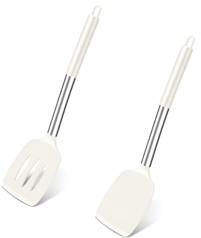 TEAMFAR Silikon Pfannenwender, 2 Stück Küchenhelfer Spachtel mit Edelstahlgriff, Hitzebeständiger Küchenutensilien, Antihaft & Spülmaschinenfest, Weiß