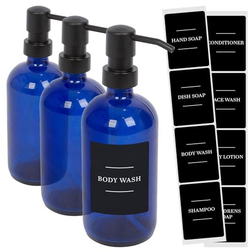 Harbour Housewares Glass Soap Dispensers with Labels - Blue/Black - 3 Pack - 500ml Refillable Soap Dispensers Hand and Dish Liquid Pump for Bathroom, Kitchen, Laundry Room