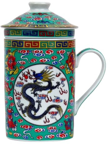 Tasse à thé en céramique avec couvercle et passoire pour thé en vrac - Motif asiatique (dragon vert, 494) - Tasse chinoise japonaise pour les amateurs de thé - Cadeau asiatique - Avoine