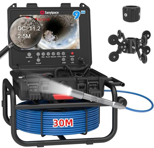 Sanyipace Sewer Inspection Camera 30M, Drain Camera with Distance Counter, 9 Pipe Industrial Endoscope with DVR & Audio Recorder, 12 LED Lights and 5X Zoom, HD 1080P Drainage Endoscope for Plumber