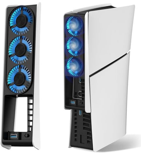 GODT GAME Turbo Cooling Fan for PS5 Slim Accessory – Compatible with Digital Disc Editions, USB Powered with Dual-Speed, LED Light & USB 3.0 Port (White)